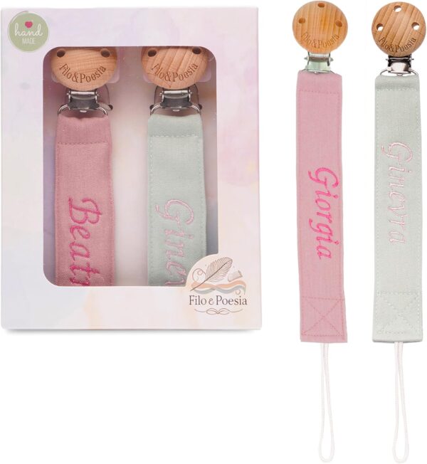 Catenella portaciuccio con nome ricamato (Rosa-Verde)