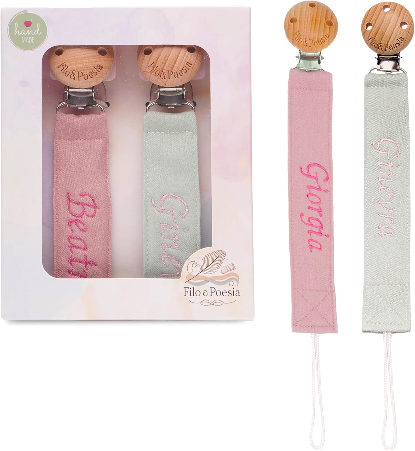 Catenella portaciuccio con nome ricamato (Rosa-Verde)