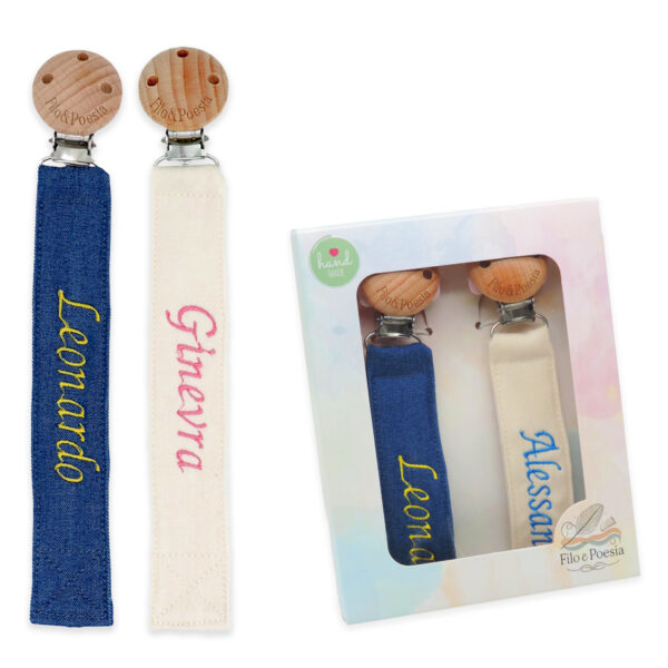 Catenella portaciuccio con nome ricamato (Blu-Beige)